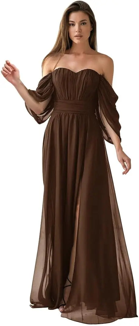 Vestido de dama de honor de talla grande con hombros descubiertos, de gasa, formal, con abertura, elegante, para invitada de boda