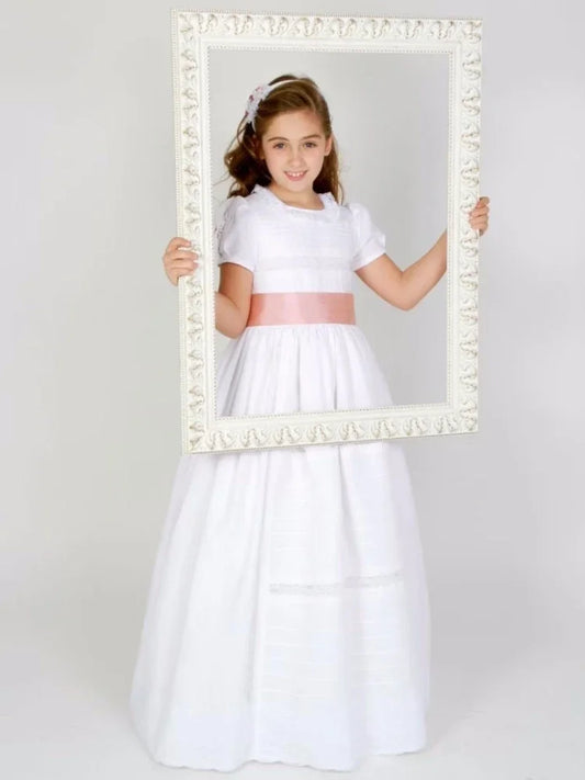Vestido de princesa para niña de las flores, de satén blanco con encaje y lazo rosa, de manga corta, para bodas, fiestas de cumpleaños y banquetes.