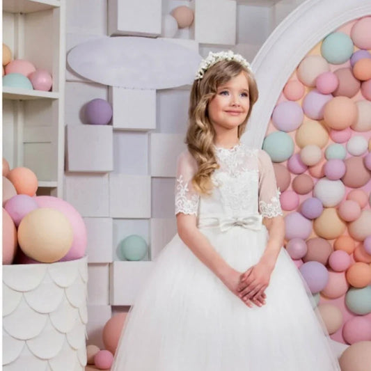 Vestidos de primera comunión para banquetes de cumpleaños, vestidos de niña de las flores con apliques de encaje blanco y lazo, media manga para boda
