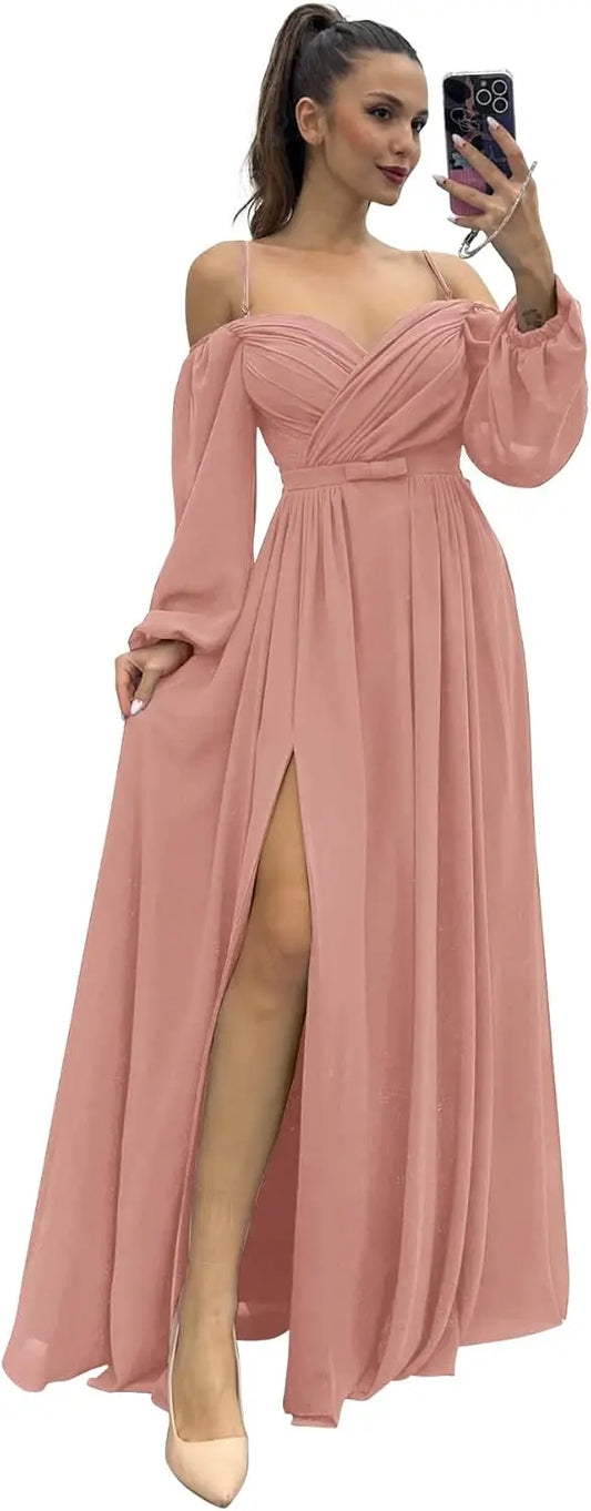 Vestido de dama de honor de manga larga para mujer, con tirantes finos, para invitada de boda, con abertura y bolsillos, vestido formal fruncido.