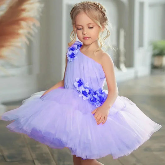 Vestidos de tul rosa con flores 3D, de un solo hombro, para bodas, fiestas de cumpleaños, banquetes, vestidos de princesa, vestidos de niña de las flores