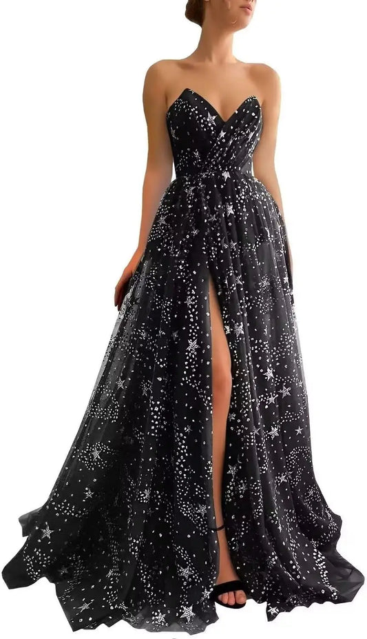 Vestidos de fiesta de tul con estrellas y brillo para mujer, sin tirantes, con abertura, formales, para noche y fiesta