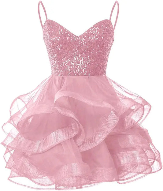 Vestidos de fiesta de tul para adolescentes, con tirantes finos y lentejuelas, vestidos de fiesta cortos, minivestidos de cóctel en capas, vestidos de dama de honor