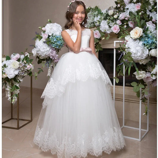 Apliques de encaje de tul blanco con cinturón de lazo rosa sin mangas para bodas, cumpleaños, banquetes, vestidos de princesa, vestidos de niña de las flores