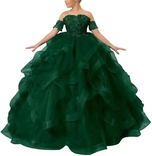 Vestidos de desfile de princesas para niñas de flores 2026 con encaje bordado, tallas grandes, tul en capas, vestidos de primera comunión para niñas.