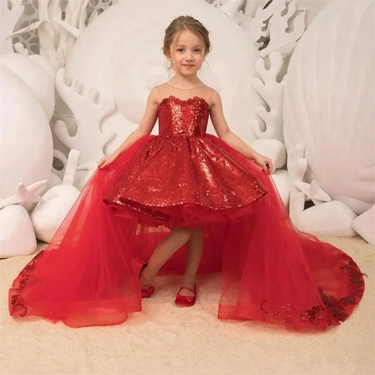 Vestido rojo de primera comunión con lazo y lentejuelas brillantes, cuello redondo, para fiesta de cumpleaños de niña, para boda
