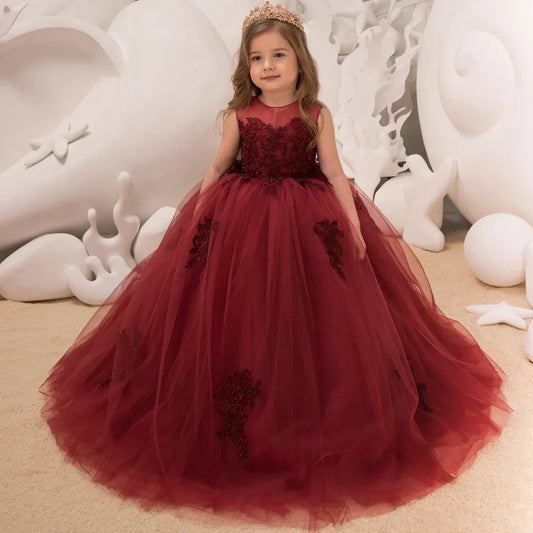 Burgundy Tulle Puffy Floral Appliques Sleeveless For Wedding Party Birthday Banquet Princess Gown Customized Flower Girl Dresse