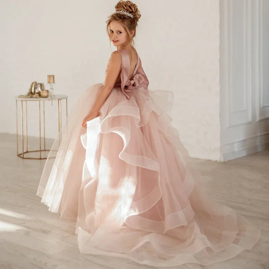 Vestido de princesa para fiesta de cumpleaños, banquete, de noche, para niña de las flores, de tul rosa polvoriento, con cinturón de perlas escalonado y lazo para boda