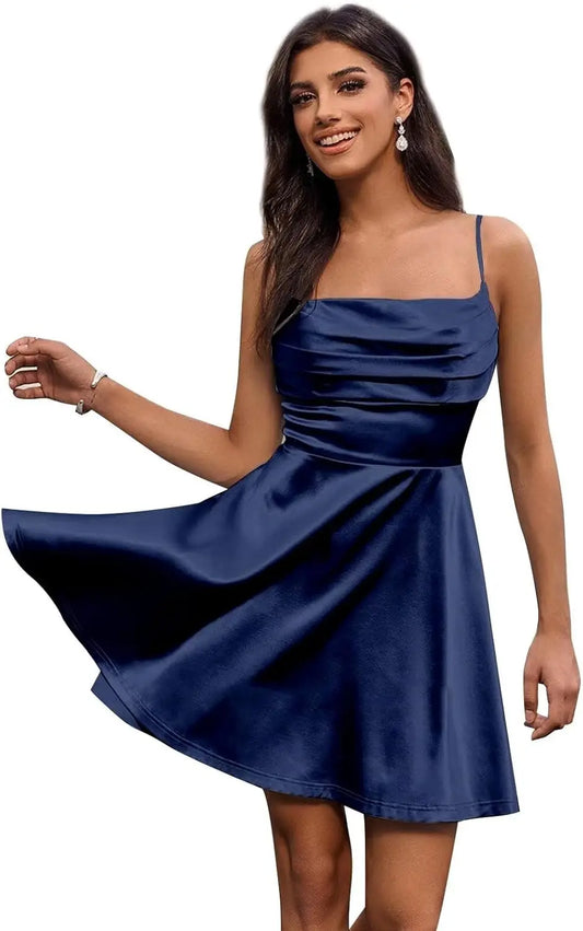 Vestidos de satén para fiesta de bienvenida, tirantes finos cortos, cuello vuelto, corte A, minivestido de cóctel