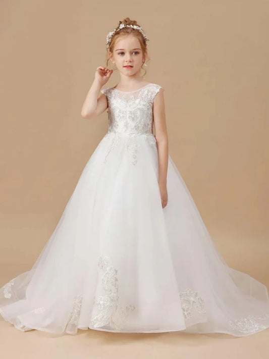 Vestidos de tul blanco con bordado estampado y cola, sin mangas, para bodas, cumpleaños, primera comunión y niñas de las flores.