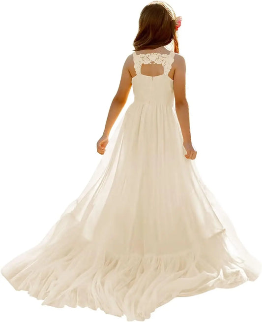 Vestido bohemio para niña de las flores para boda 2025, largo hasta el suelo, elegante, con apliques de encaje, vestidos de primera comunión