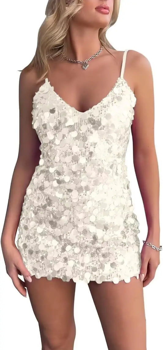 Vestidos de fiesta cortos con lentejuelas brillantes para adolescentes, cuello en V, tirantes finos, semi formales, para noche, vestidos de cóctel