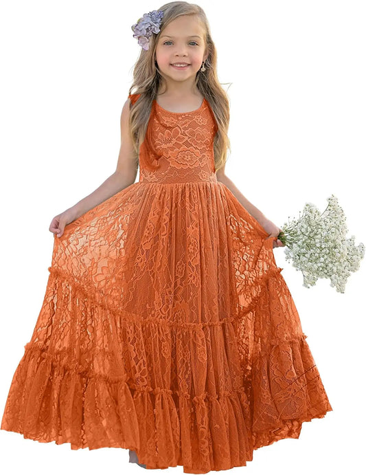 Blumenmädchenkleid Spitze Boho Kleinkindkleider Rüschen Mädchenkleid für Hochzeit Gartenparty Urlaub Kommunion Ärmellos Prinzessin