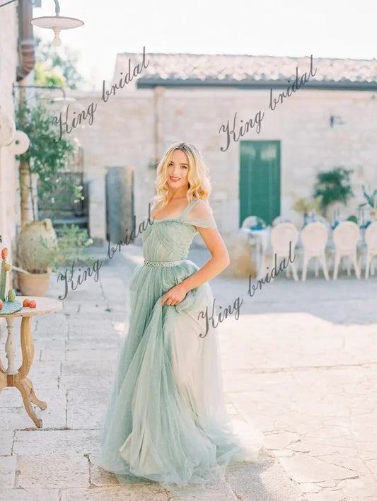 Vestido de novia con hombros descubiertos, vestido de novia con corsé, vestido de novia princesa en color menta salvia, vestidos de fiesta de noche 2025