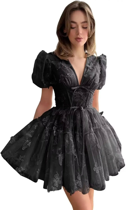 Vestidos de fiesta de tul con mariposas 3D para adolescentes, corte A, manga corta, cóctel y apliques de mariposas.