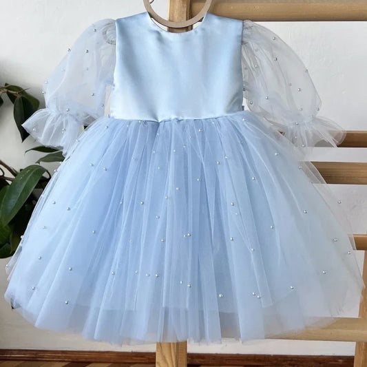 Vestidos de primera comunión para fiesta de cumpleaños, vestidos de niña de las flores de tul azul con perlas abullonadas y lazo, manga larga para boda