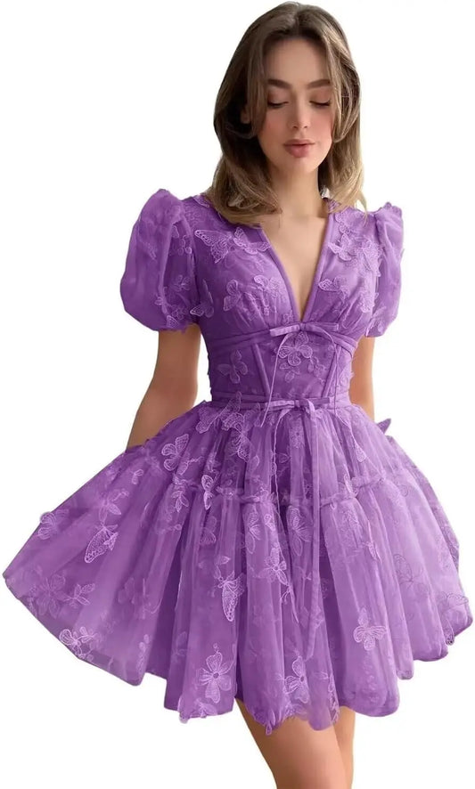 Vestidos de fiesta de tul con mariposas 3D para adolescentes, corte A, manga corta, cóctel y apliques de mariposas.