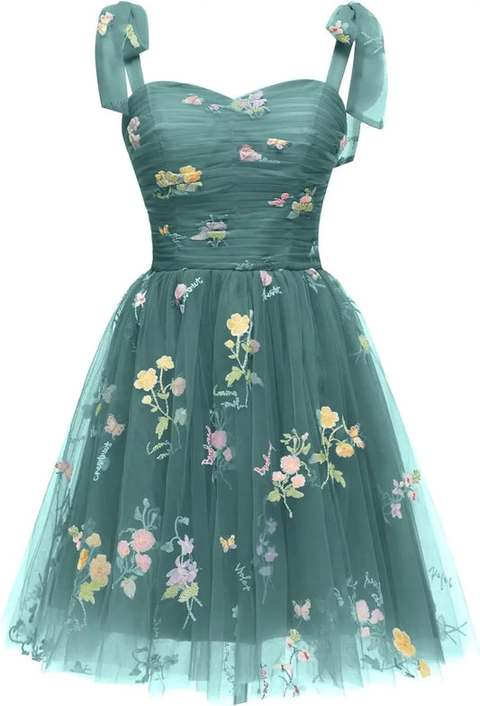 Vestidos cortos de fiesta para adolescentes con bordado de flores, tul, tirantes finos, largo hasta la rodilla, con margaritas y estampado floral.
