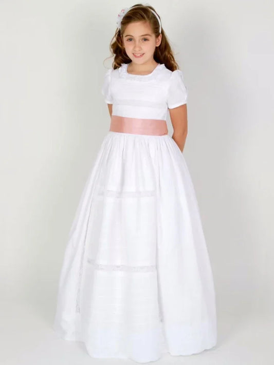 Vestido de princesa para niña de las flores, de satén blanco con encaje y lazo rosa, de manga corta, para bodas, fiestas de cumpleaños y banquetes.