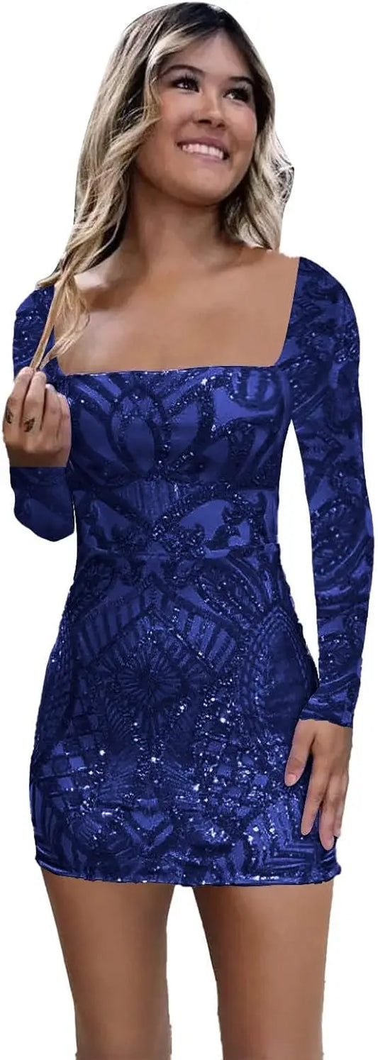 Vestidos de fiesta de manga larga con lentejuelas y encaje para mujer, cortos, ajustados, brillantes, con escote cuadrado, para cóctel o fiesta.