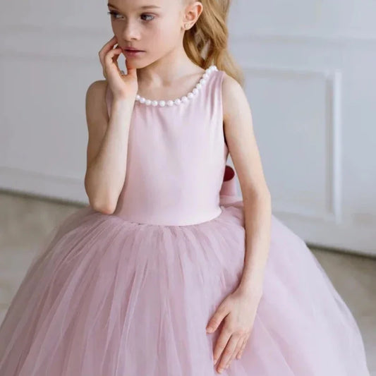 Vestidos de princesa para banquetes de fiesta de cumpleaños, vestidos de niña de las flores, tul rosa polvoriento, cuello de perlas con lazo y cinturón, sin mangas para boda