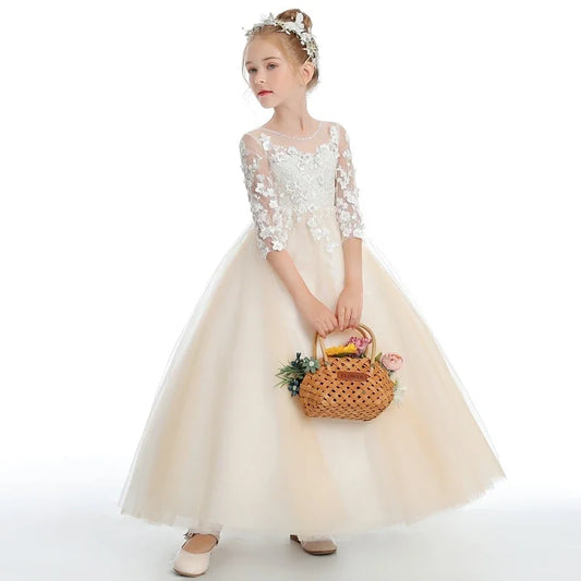 Apliques 3D de tul color champán con flores y manga 3/4 para bodas, cumpleaños, primera comunión y niñas de las flores.