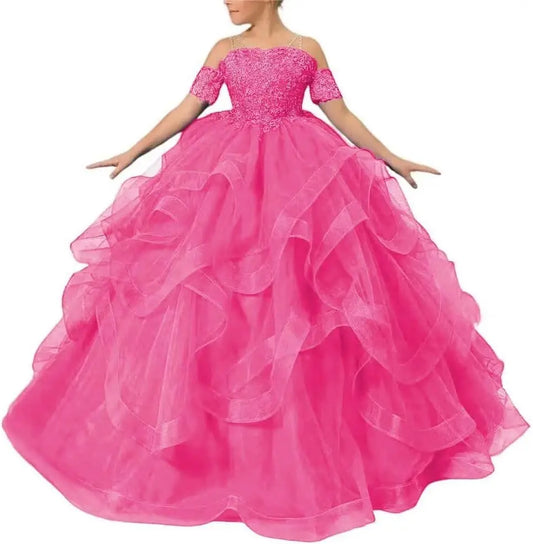 Vestidos de desfile de princesas para niñas de flores 2026 con encaje bordado, tallas grandes, tul en capas, vestidos de primera comunión para niñas.