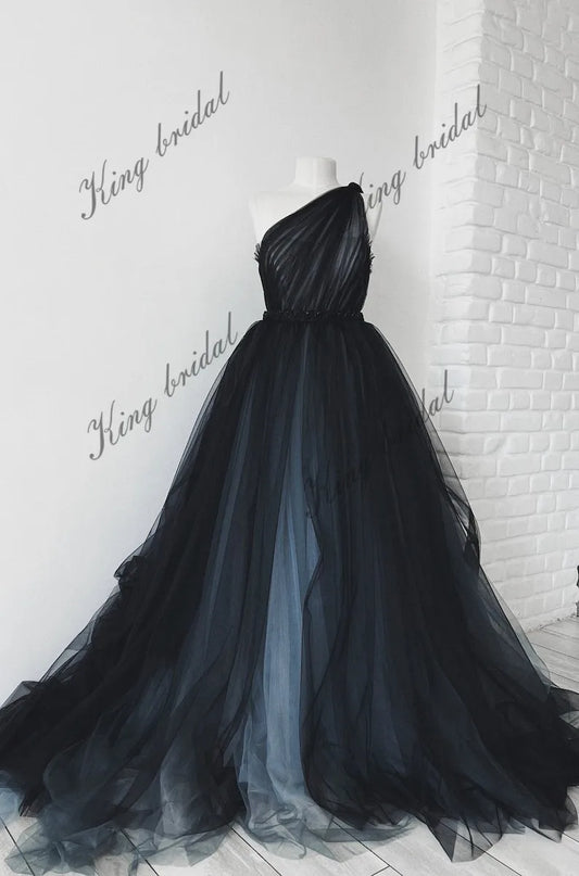 Vestido de novia negro Vestido de novia azul ceniza negro completo Vestido de novia gótico Vestido de baile de fantasía con cuentas de tul Vestidos de novia sencillos