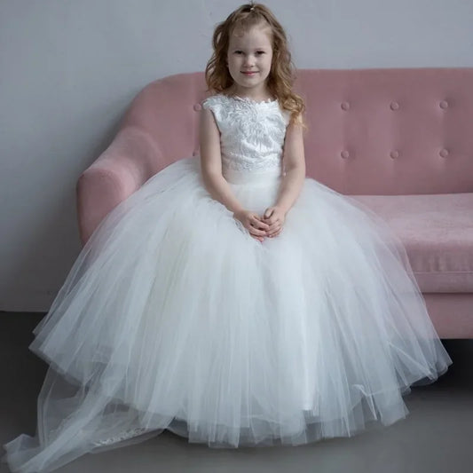 White Tulle Flory Appliques With Bow Sleeveless For Wedding Birthday Party Holy Communion Gowns Customized Flower Girl Dresses