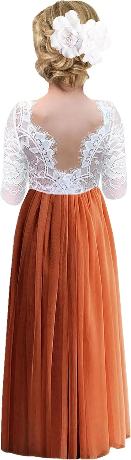 Mädchen Rose Spitze Rücken A-Linie Gerade Tutu Tüll Party Blumenmädchen Kleid Mädchenkleider für Party und Hochzeit Brautjungfernkleider