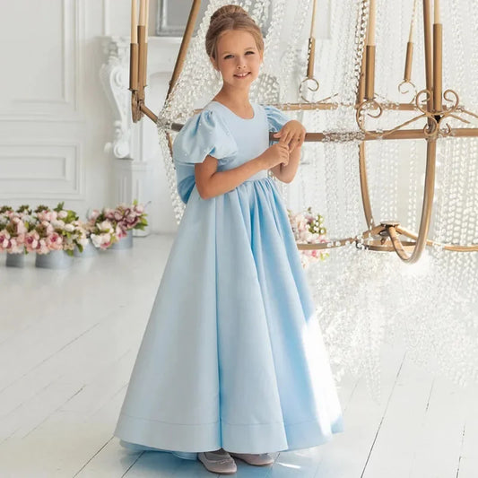 Sky Blue Satin With Bow Pearls Short Sleeve For Wedding Birthday Banquet Princess Gowns Flower Girl Dresses