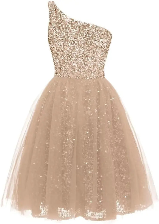 Vestidos de fiesta cortos de tul con lentejuelas y un solo hombro para mujer, corte A, estilo princesa, para cóctel formal