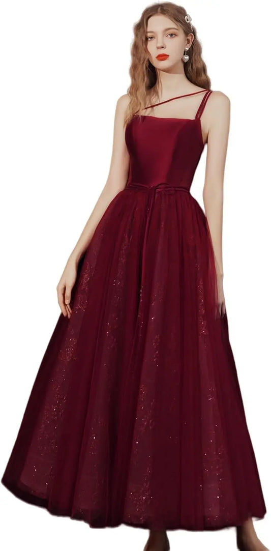 Nuevo vestido de dama de honor de satén largo con tirantes finos y malla para fiesta de graduación, vestidos de cóctel para mujer, vestidos de noche formales para fiesta