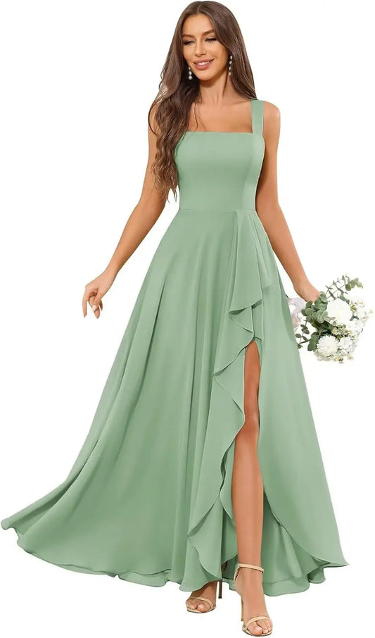 Vestidos de dama de honor de gasa con volantes para mujer, vestido de noche formal con escote cuadrado y abertura, vestido elegante para mujer para fiesta de boda