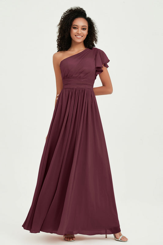 Vestido de dama de honor de gasa con mangas onduladas y un hombro, talla grande, vestidos de noche formales