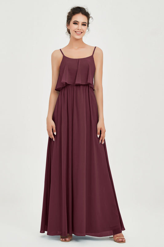 Spaghetti Straps Ruffle Ruched Chiffon Bridesmaid Dress A Line Square Formal Evening Dresses Gowns
