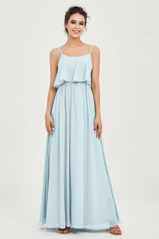 Spaghetti Straps Ruffle Ruched Chiffon Bridesmaid Dress A Line Square Formal Evening Dresses Gowns