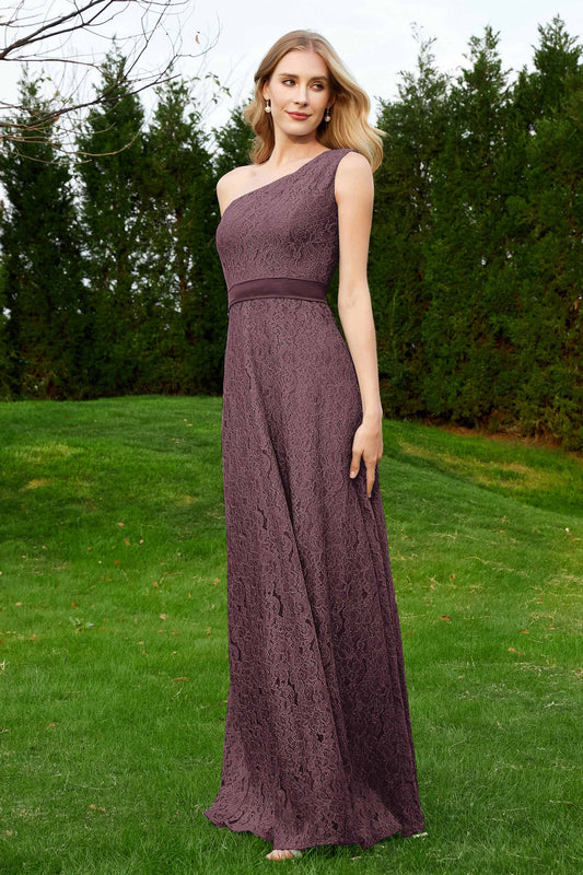 Vestidos de noche formales de encaje sin mangas con un solo hombro y faja fruncida para dama de honor