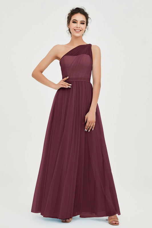 Vestido de dama de honor de tul fruncido con un solo hombro, corte A, formal, de noche, para fiesta de graduación