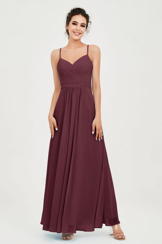 Vestido de dama de honor de gasa con tirantes finos y fruncido hasta el suelo, vestido formal de noche
