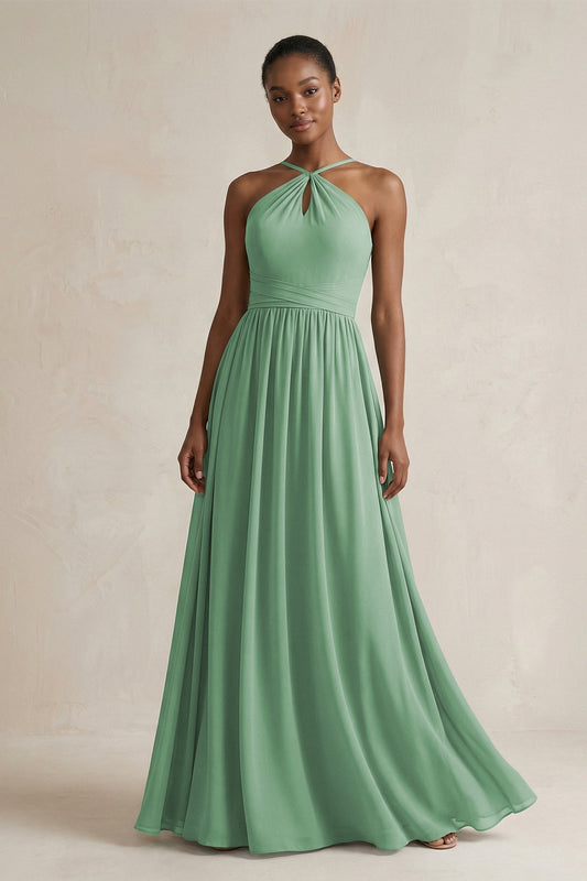A-Line Halter Chiffon Ruched Bridesmaid Dress in Sea Glass