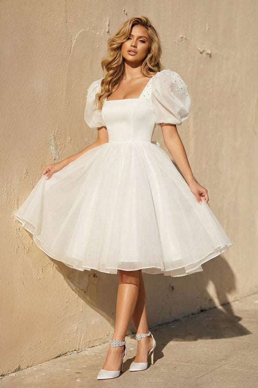 A-Line Square-Neck Short Wedding Dress With Puffy Pearls Sleeves