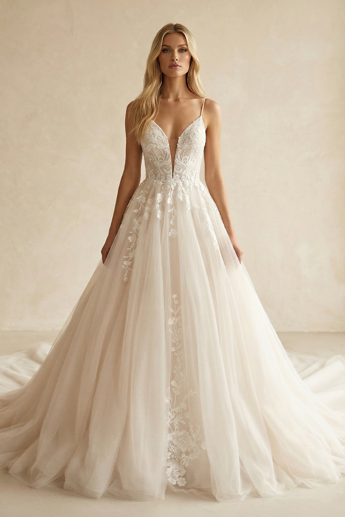 A Line Spaghetti Straps Deep V Neck White Lace Appliques Wedding Dress
