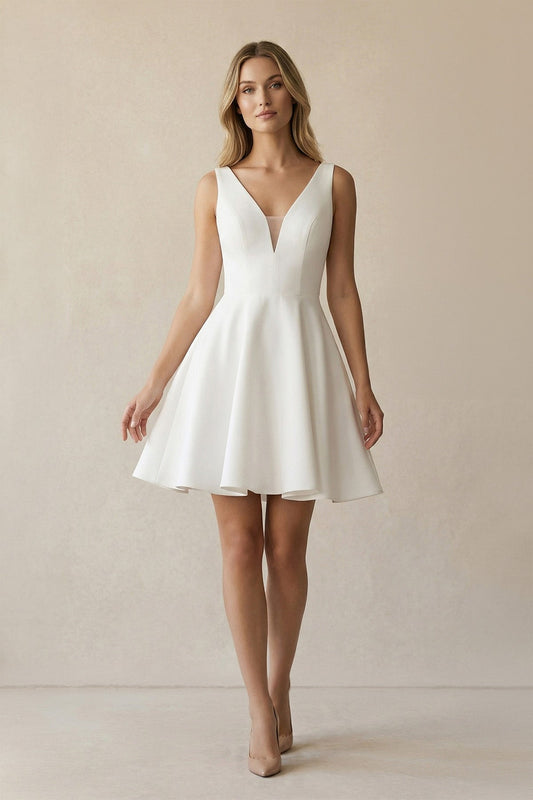 A-Line White Satin V-Neck Short Wedding Dress with Bow