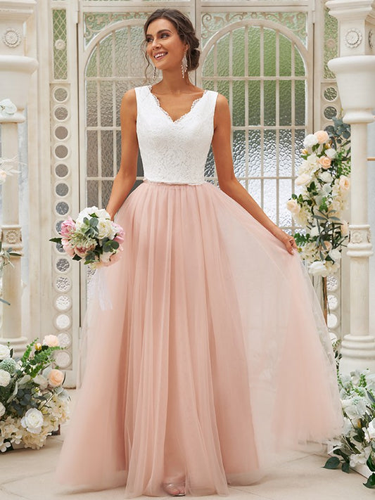 Vestido de noche de dos piezas para dama de honor, corte A/princesa, con tul, encaje, escote en V, sin mangas y largo hasta el suelo