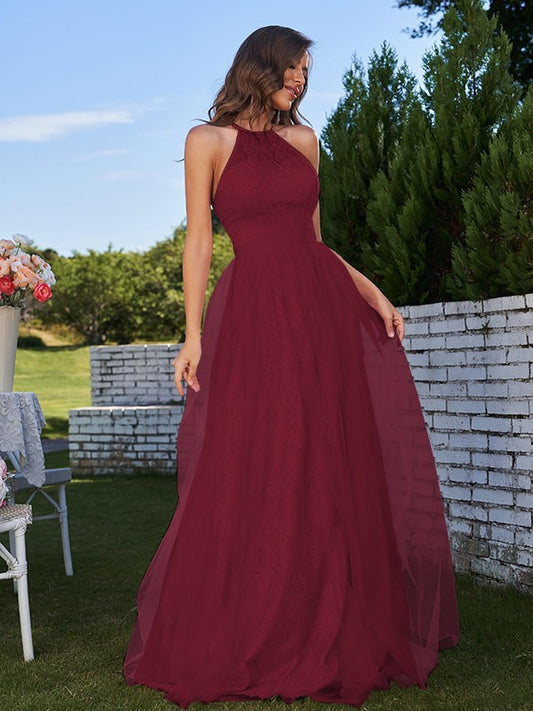 Vestido de dama de honor formal de noche, corte A/princesa, tul, volantes, halter, sin mangas, con cola larga