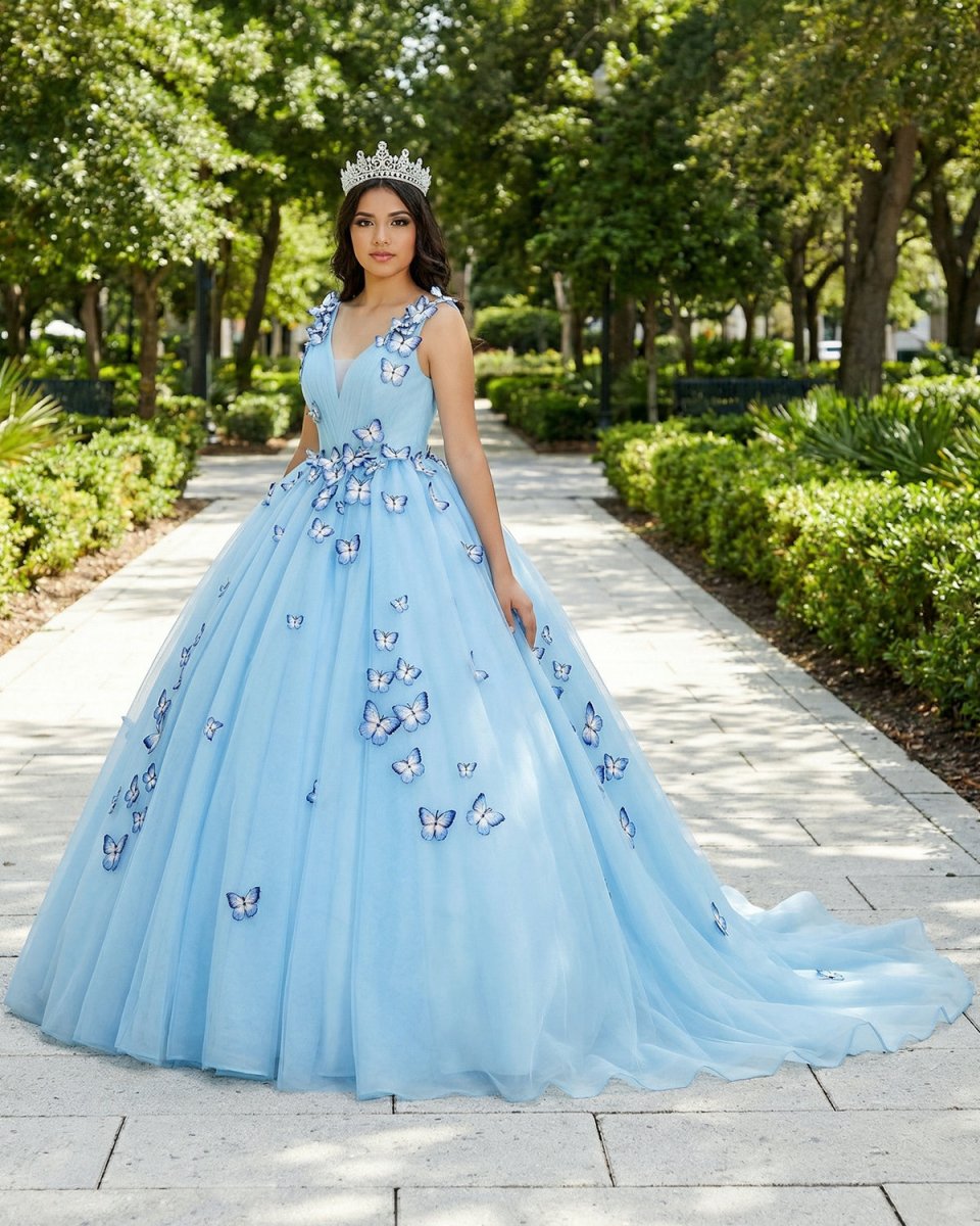 Quinceanera Dress Sky Blue Butterfly Flowers Lace Up Ball Gowns Long Prom Dresses – kingbridals