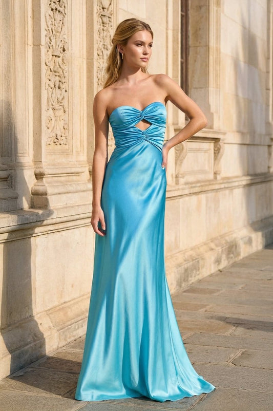 Blue Sweetheart Sheath Satin Cutout Long Prom Dresses With Bow