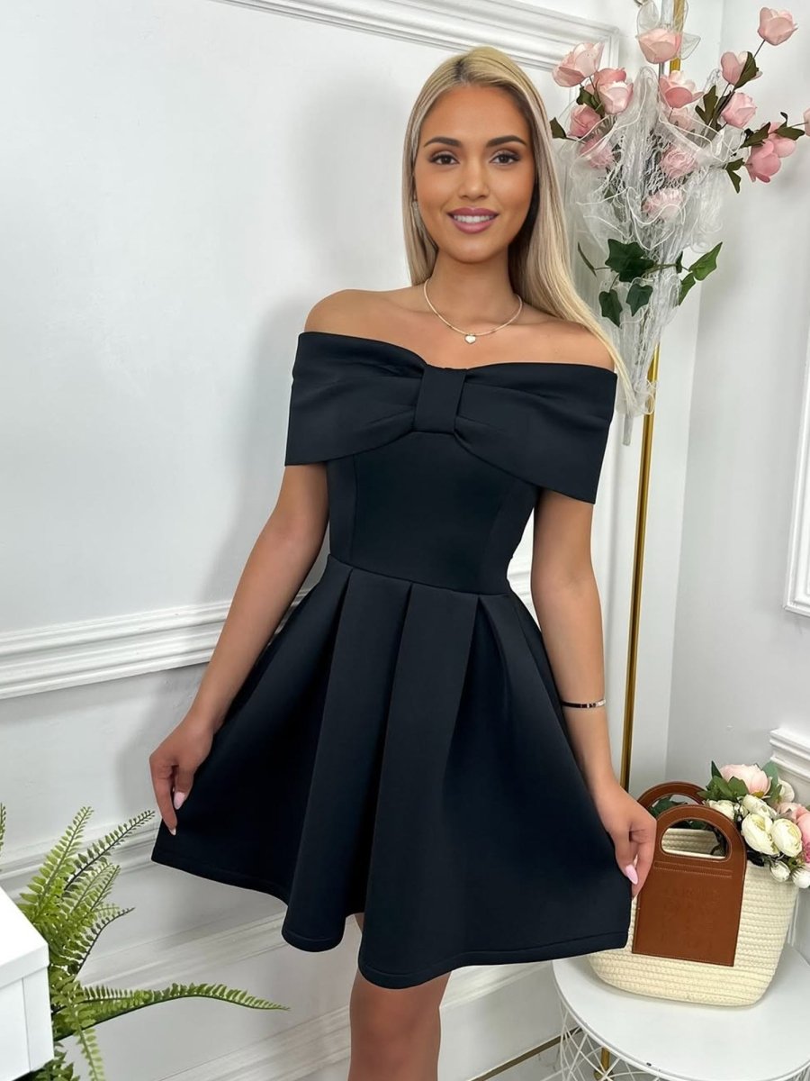 Black Off The Shoulder A Line Satin Short Homecoming Dress With Bow