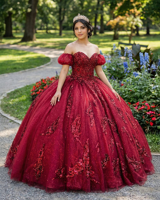 Quinceanera Dress Burgundy Off Shoulder Tulle Lace Long Prom Dresses